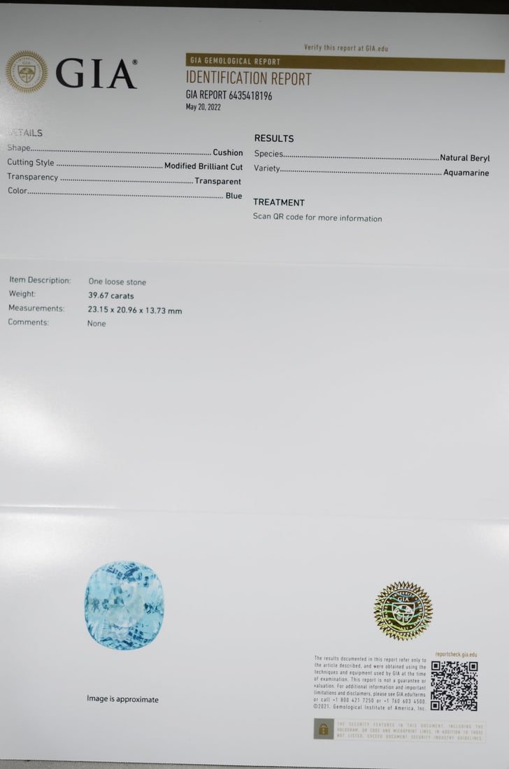 39.67 ct aquamarine — laboratory report image from the auction gallery