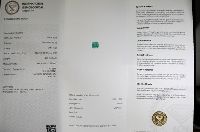 4.90 ct emerald — laboratory report image from the auction gallery