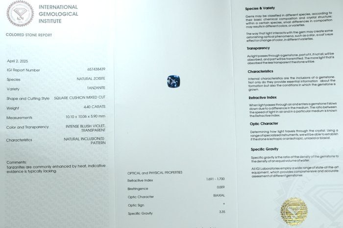 4.40 ct tanzanite — laboratory report image from the auction gallery