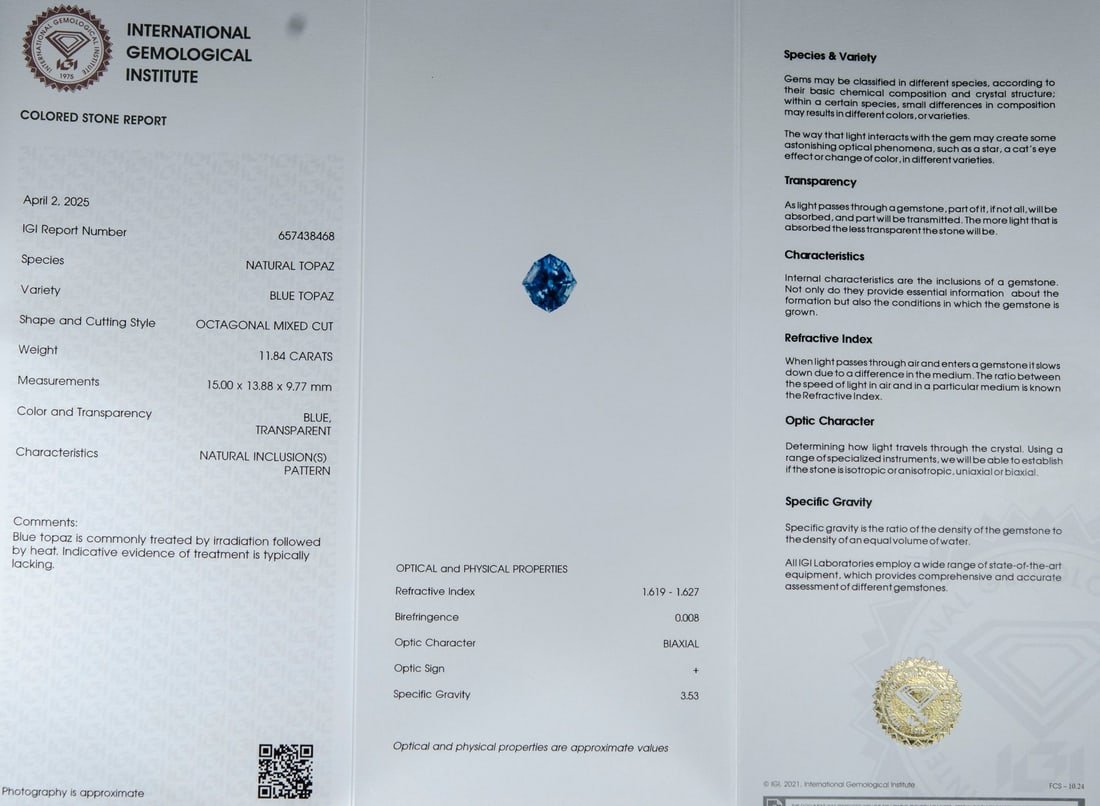 11.84 ct blue topaz — laboratory report image from the auction gallery