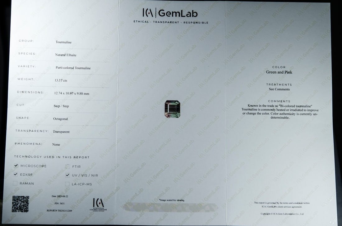 13.17 ct bi-colour tourmaline — laboratory report image from the auction gallery